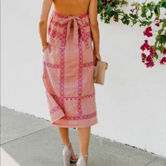 Pink Embroidered Strapless Dress with tie back - Picture 2 of 8